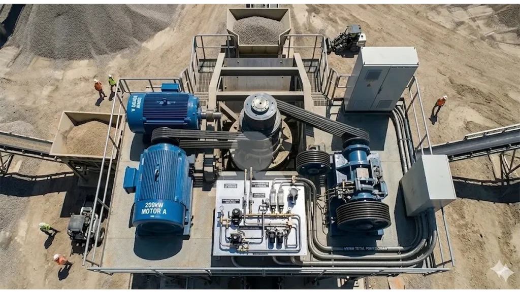 Overhead shot of the dual 200kW motor configuration on a VSI6X1040 installation, highlighting the symmetrical belt drive and automated oil lubrication manifold.