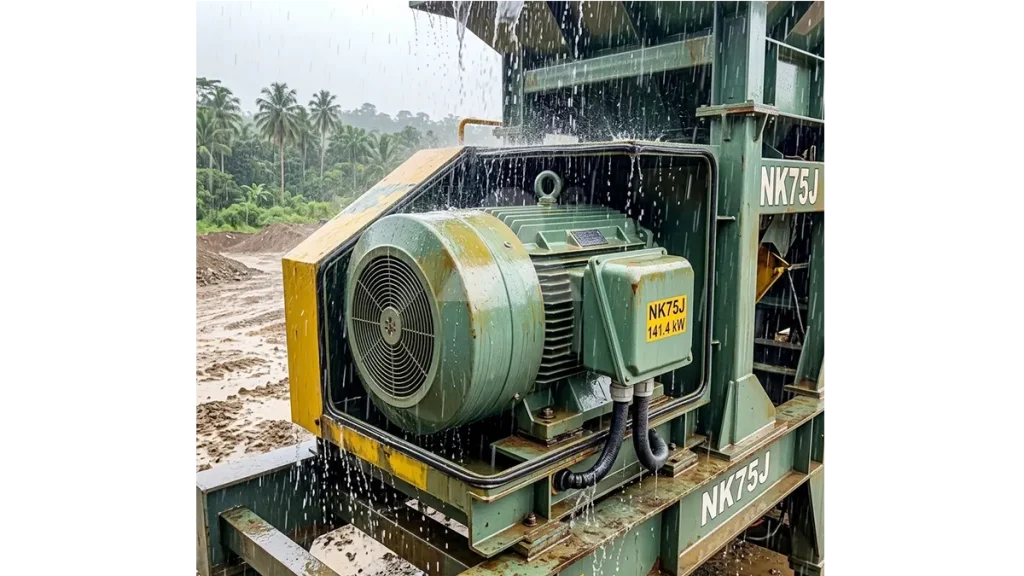 Close-up of the sealed 141.4 kW motor on the NK75J mobile jaw crusher, demonstrating weather resistance against Philippine tropical rain.