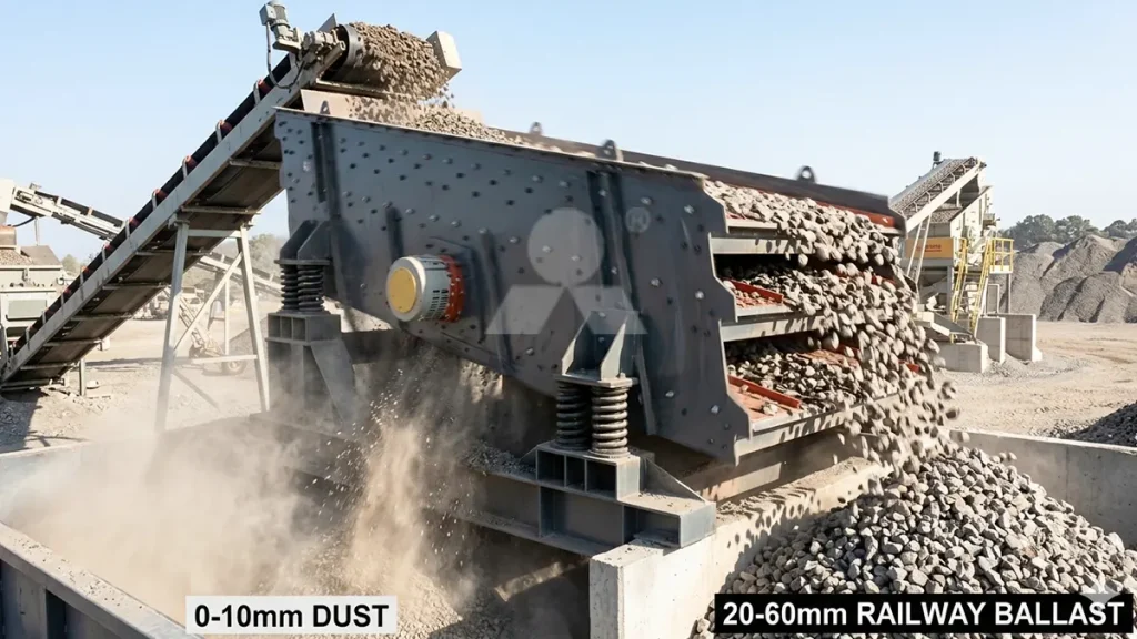 S5X2460-3 vibrating screen utilizing high-amplitude stroke dynamics to eject 0-10mm dust from the 20-60mm railway ballast fraction.