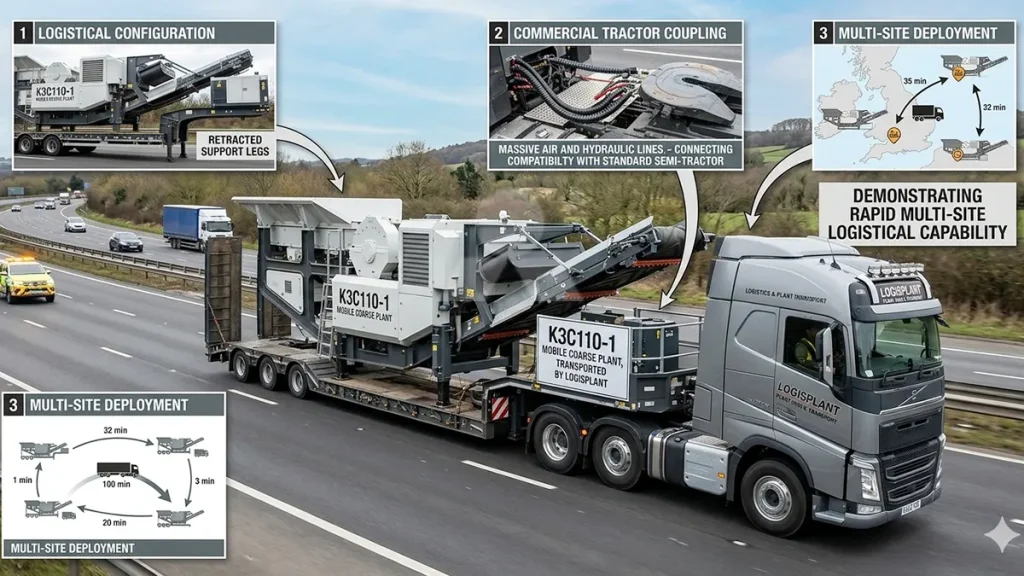 K3C110-1 mobile coarse plant being towed by a standard commercial tractor, demonstrating rapid multi-site logistical capability.