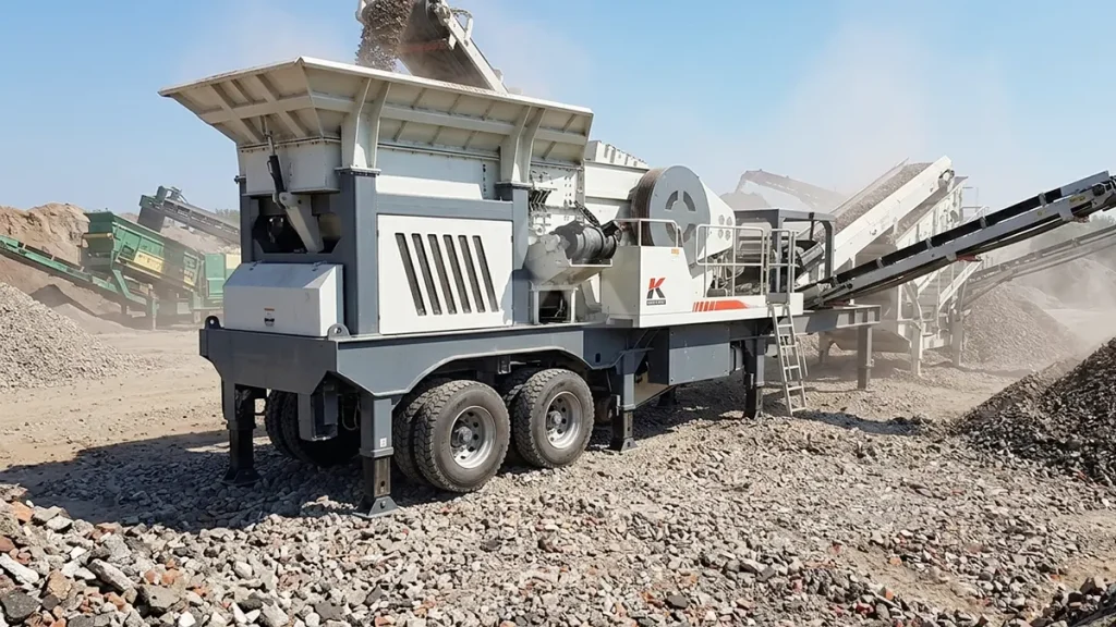 Heavy-duty pneumatic tires and hydraulic support legs deployed on an NK1213C mobile plant stationed directly on crushed urban aggregate.
