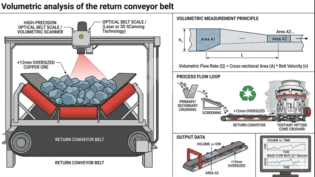 Volumetric analysis of the return conveyor belt carrying +12mm oversized copper ore back to the tertiary HPT300 cone crusher