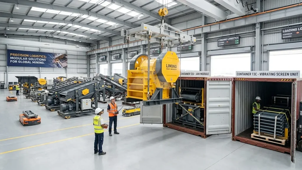Modular crushing plant components systematically loaded into standard 40HQ shipping containers at a high-tech manufacturing facility.