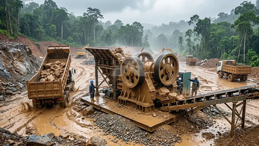 A heavily utilized PE1060 jaw crusher operating flawlessly under extreme monsoon mud conditions in an active Southeast Asian quarry.