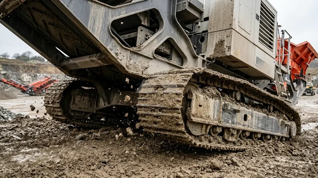 Close-up of the ultra-wide, heavy-duty steel crawler tracks on a VTJ1170 navigating a 20-degree muddy incline in an active quarry.