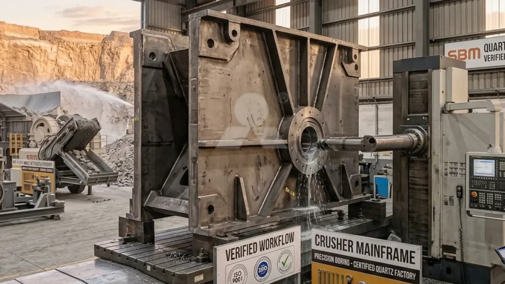 A massive steel jaw crusher mainframe undergoing precision CNC boring in a verified quartz stone crusher factory.