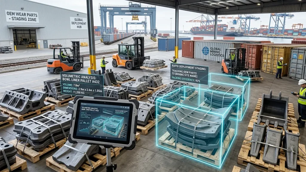 Volumetric logistics analysis of OEM manganese wear parts being staged for rapid global deployment to a high-capacity mining site