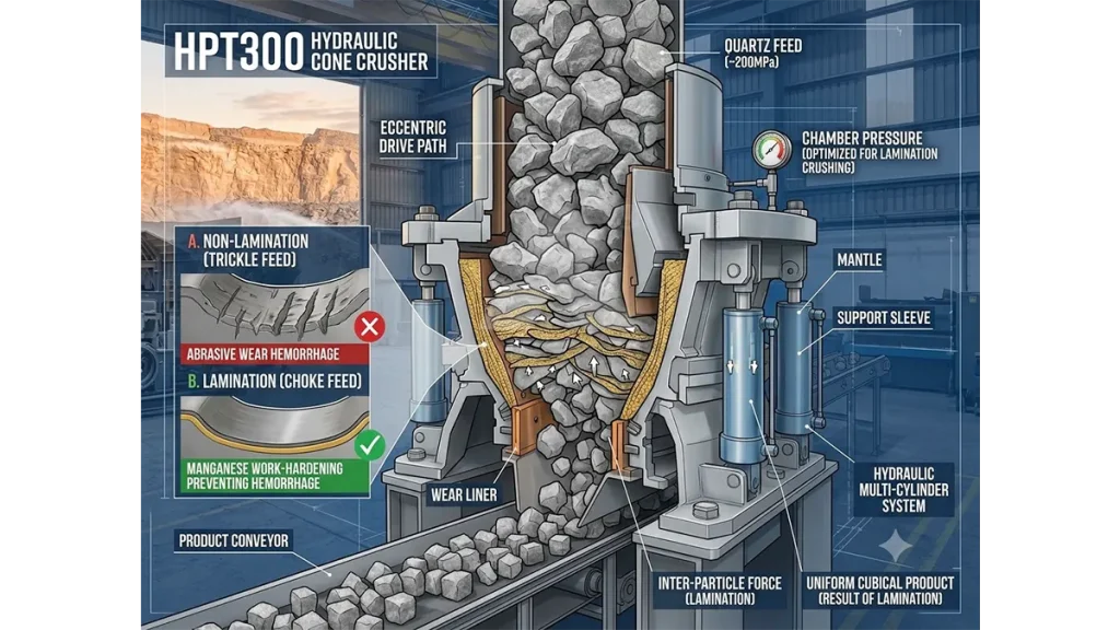 An HPT300 multi-cylinder hydraulic cone crusher actively executing lamination crushing on 200MPa quartz to prevent abrasive wear part hemorrhage.