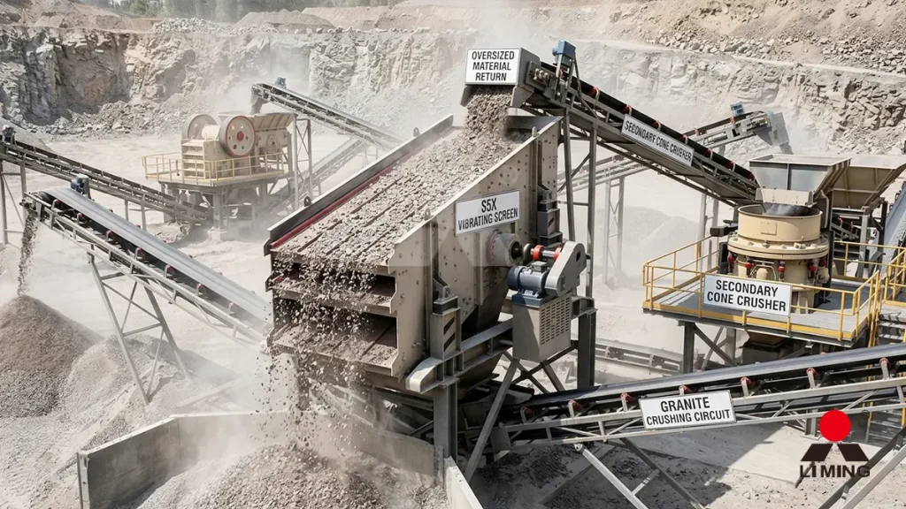 S5X vibrating screen actively operating within a complete granite stone crusher circuit, routing oversized material back to the secondary cone
